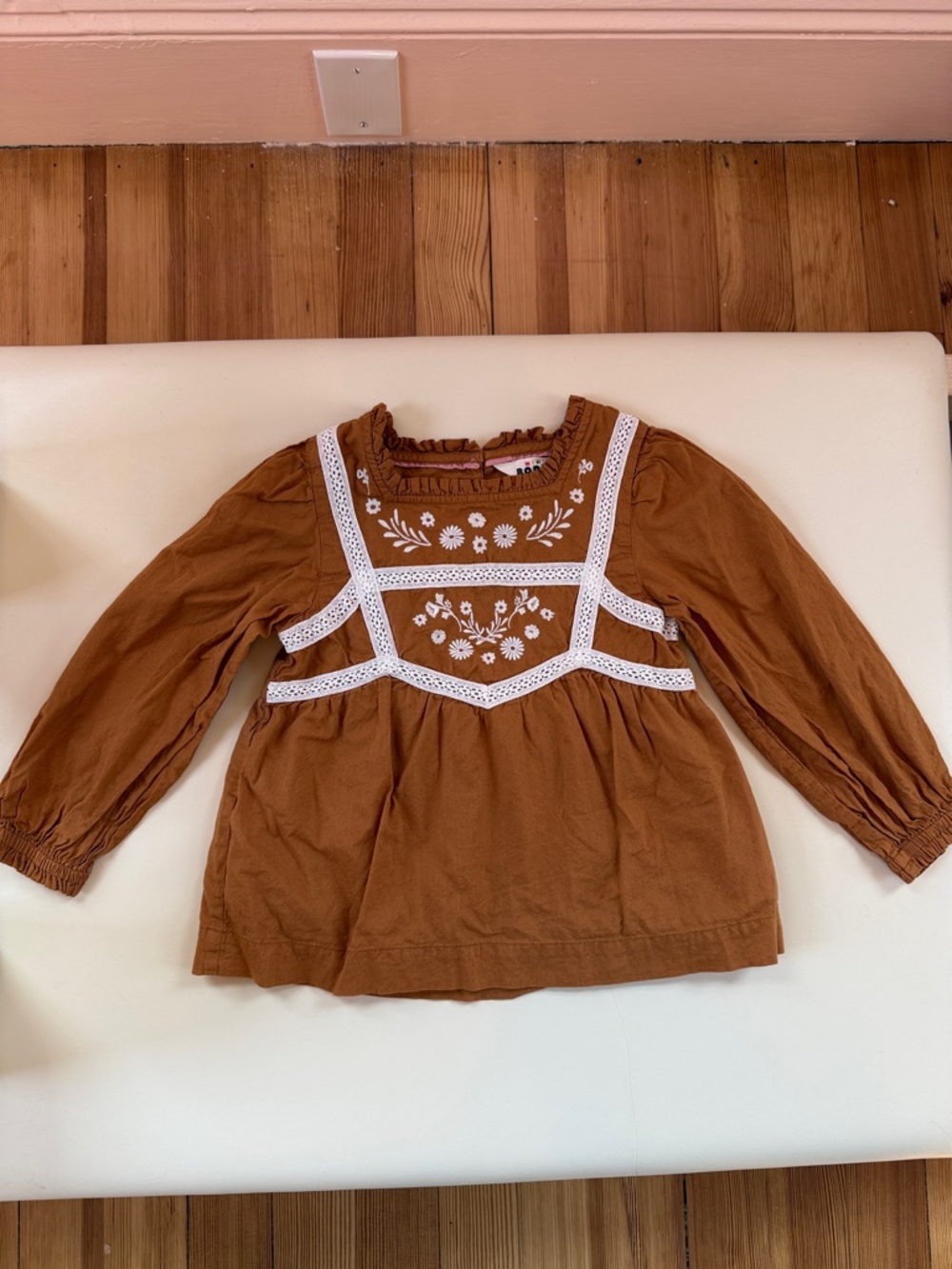 Mini Boden Rust Brown Long-Sleeve Embroidered Peasant Top‎